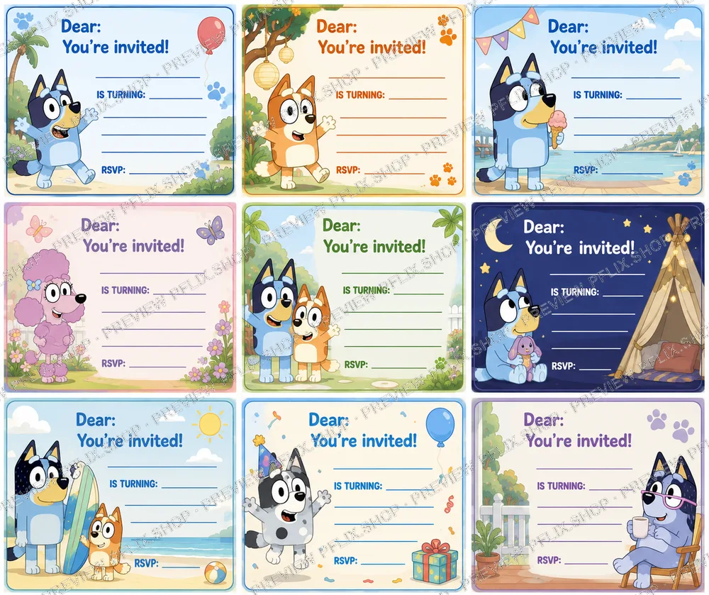 Bluey Birthday Invitations — Beach & Friends