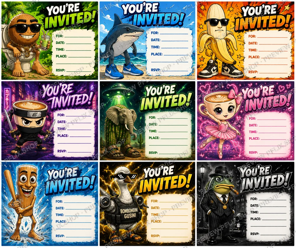 Brainrot Meme Party Invitations — Cartoon Style