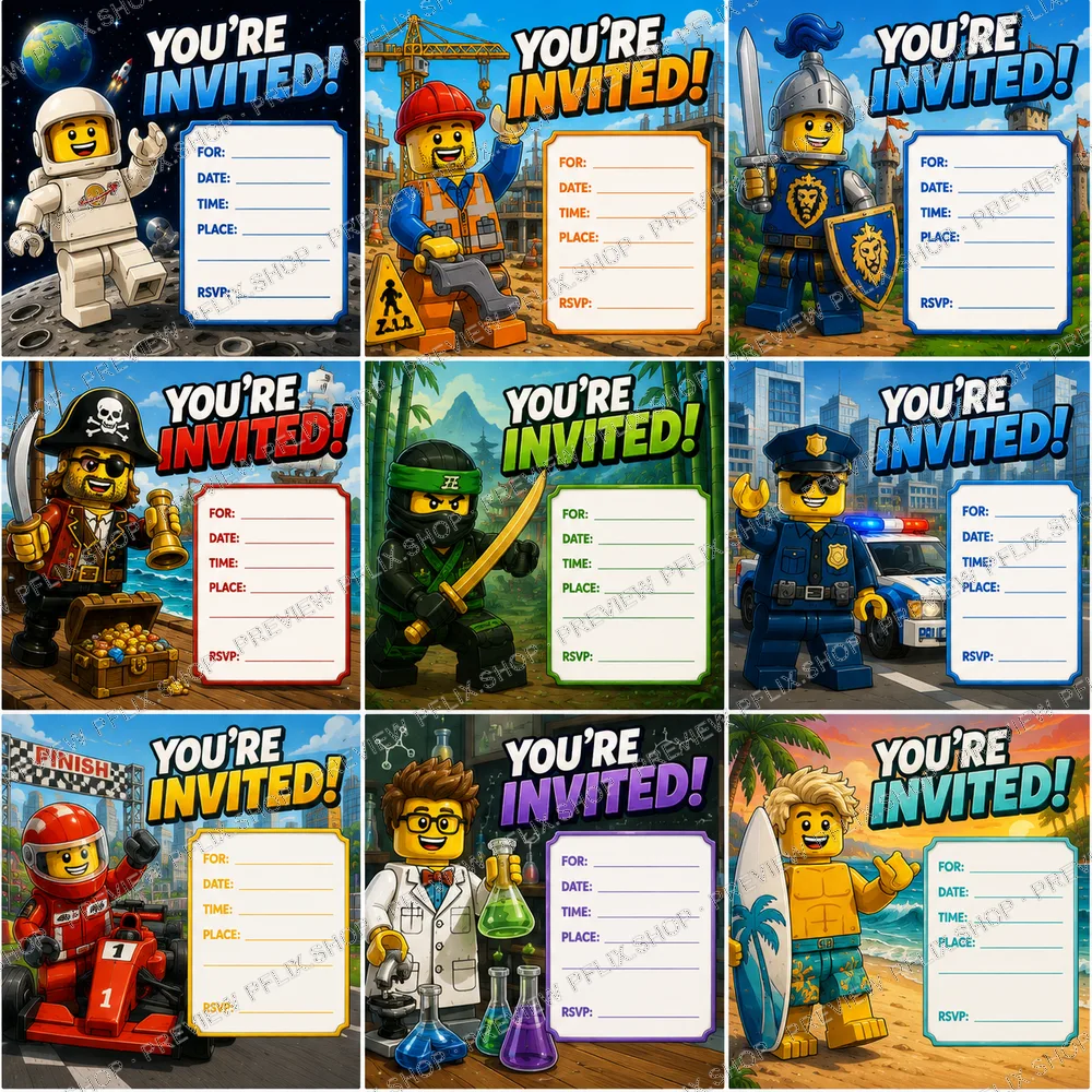 LEGO Adventure Birthday Invitations — Grid Style