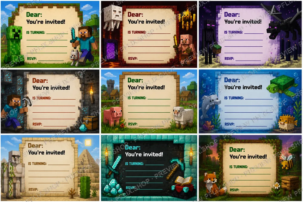 Minecraft Birthday Invitations — Grid