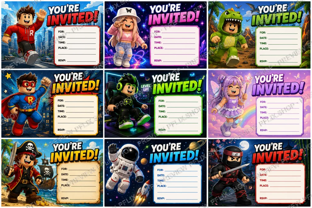 Roblox Party Invitations — Colorful Grid