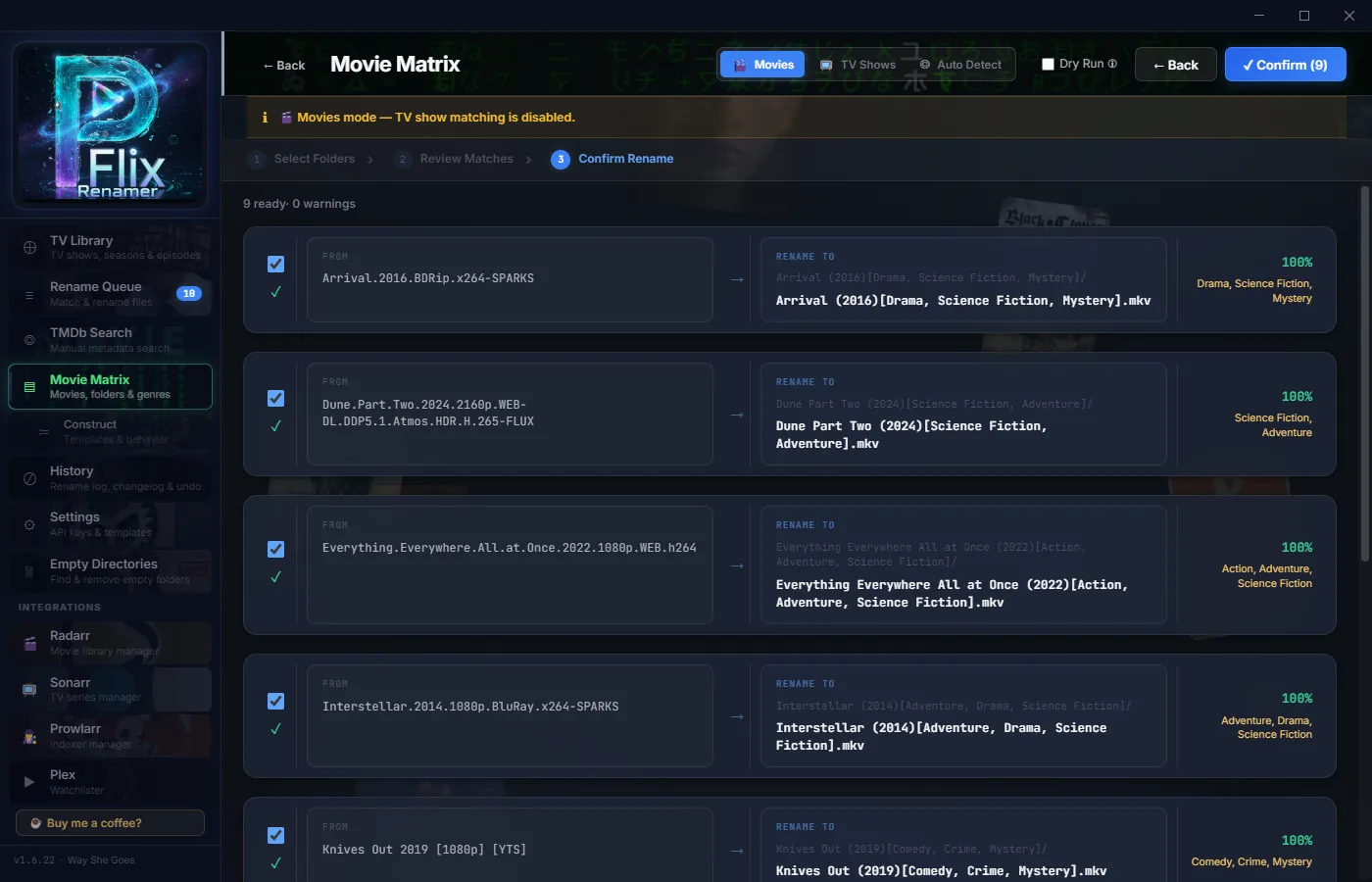 Movie Matrix — Confirm Rename preview with the full new name and genres