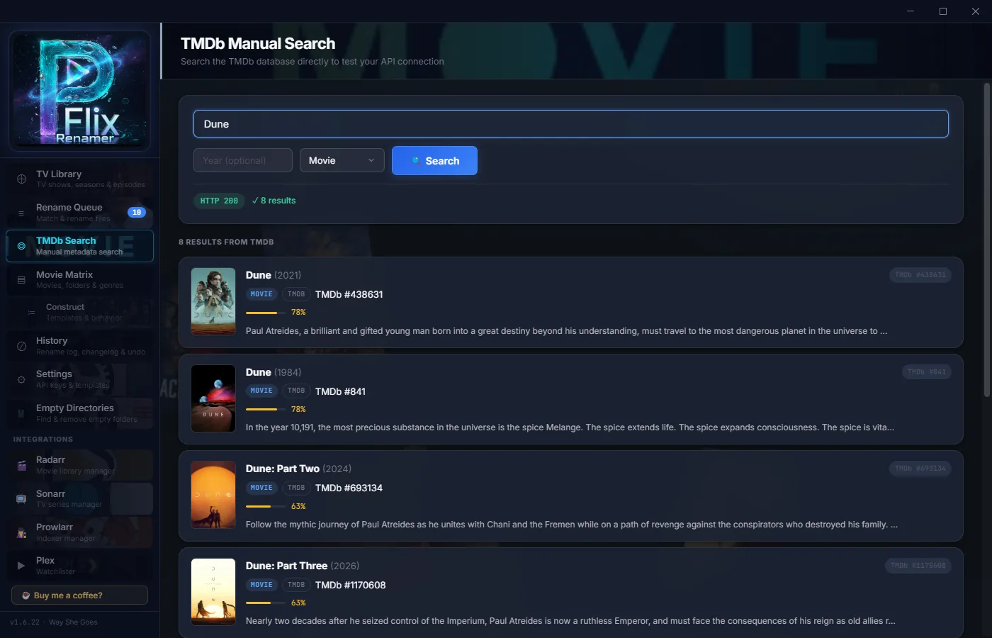 TMDb Search — manual metadata lookup and match override